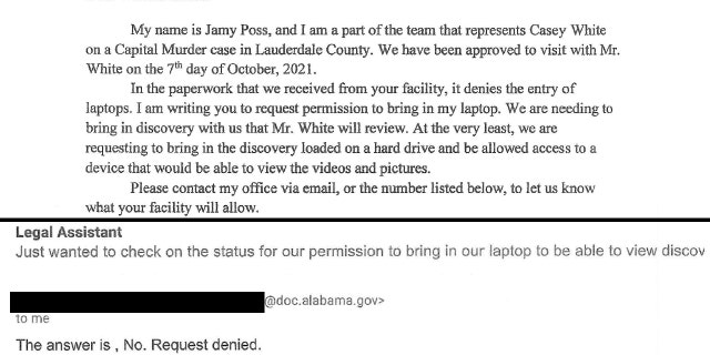 Casey White's attorneys in October 2021 asked authorities at Donaldson for an exemption to a rule barring them from bringing in laptops during inmate visitation.
