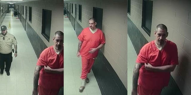 Lauderdale County Sheriff's Office on Sunday released the most current photos of escaped inmate Casey White, seen clad in an orange jumpsuit walking alone and with a male correction officer down a hallway.