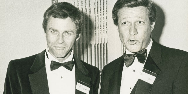 Actors Tristan Rogers and Charles Siebert attend How To Host A Murder Party on July 20, 1985, at the Plaza Hotel in New York City.