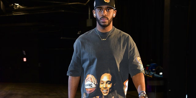 Chris Paul of the Suns in his Brittney Griner shirt prior to the semifinal game against the Dallas Mavericks May 10, 2022, at Footprint Center in Phoenix, Arizona.