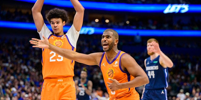 May 8, 2022; Dallas, Texas, USA; Phoenix Suns guard Chris Paul (3) reacts to receiving his sixth foul call and fouling out of the game against the Dallas Mavericks during the fourth quarter during game four of the second round for the 2022 NBA playoffs at American Airlines Center.