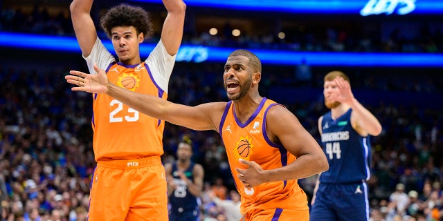 Suns guard Chris Paul reacts to fouling out of the Mavericks game at American Airlines Center in Dallas on May 8, 2022.