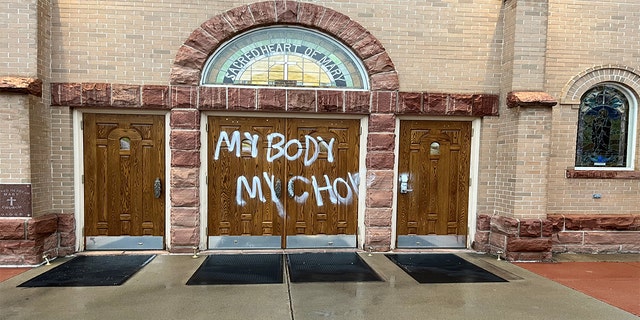 Vandalism on the Sacred Heart of Mary Church in Boulder, Colorado, last May.