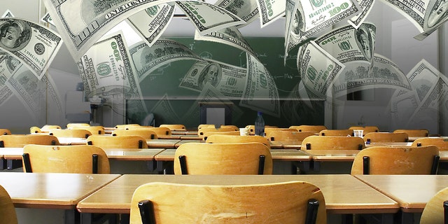 A composite of cash and a classroom scene.