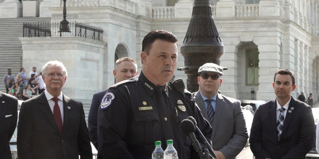 Gus Papathanasiou, United States Capitol Police Labor Committee chairman, speaks in front of the Capitol building about legislation that would help first responders purchase homes.