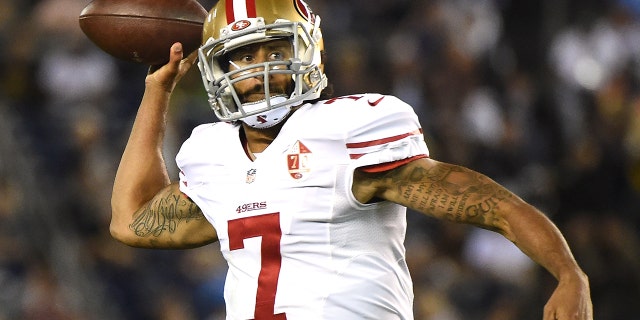 Colin Kaepernick #7 of the San Francisco 49ers makes a pass on the run during a preseason game against the San Diego Chargers at Qualcomm Stadium on September 1, 2016, in San Diego, California. 