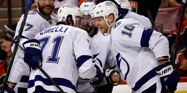 Corey Perry #10 of the Tampa Bay Lightning celebrates his goal with teammates during the second period against the Florida Panthers in Game One of the Second Round of the 2022 Stanley Cup Playoffs at the FLA Live Arena on May 17, 2022 in Sunrise, Florida.