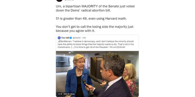 Sen. Ted Cruz, R-Texas, criticized Sen. Elizabeth Warren, D-Mass., in a May 12, 2022 tweet over her claim that a minority of senators blocked passage on an abortion rights bill despite a majority of senators voting against it. (Screenshot/Twitter)