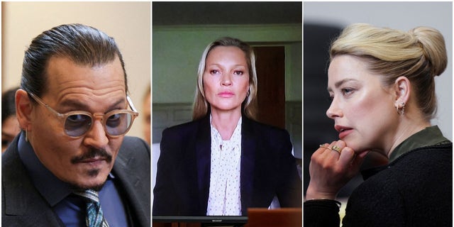 A photo combination of Johnny Depp, Kate Moss via video link and Amber Heard in Fairfax County Circuit Court, in Virginia, May 25, 2022.  