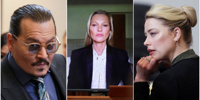 A photo combination of Johnny Depp, Kate Moss via video link and Amber Heard in Fairfax County Circuit Court, in Virginia, May 25, 2022.  