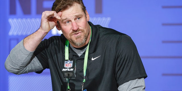 Dan Campbell, head coach of the Detroit Lions speaks to reporters during the NFL Draft Combine at the Indiana Convention Center on March 1, 2022 in Indianapolis, Indiana.