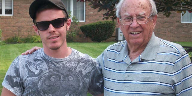 Dan Smith (left) and his grandfather Harold Myers (right) are asking fellow Americans to send birthday cards to the World War II veteran in time for his 100th birthday.