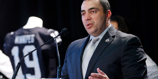 Dan Ventrelle of the Oakland Raiders speaks to the media June 5, 2019, at a press conference in Winnipeg, Manitoba.