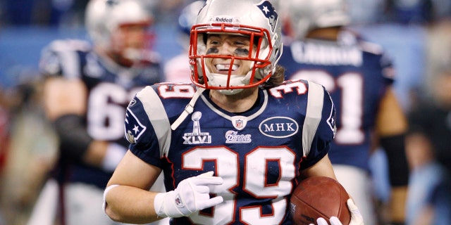 New England Patriots running back Danny Woodhead celebrates after his touchdown in the end of the second quarter during their NFL Super Bowl XLVI football game against the New York Giants in Indianapolis, Indiana, February 5, 2012.
