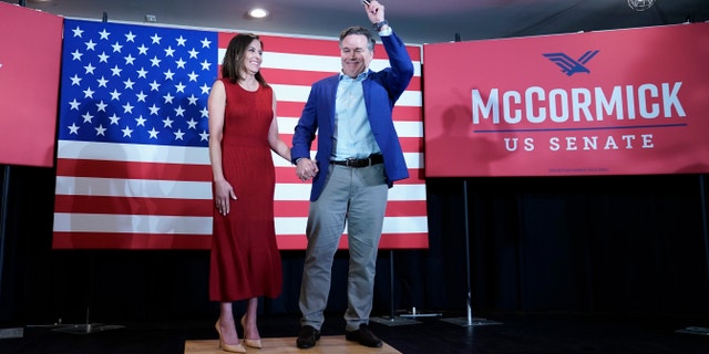 Republican candidate for a U.S. Senate seat from Pennsylvania Dave McCormick and his wife Dinah Powell chat with supporters during his comeback watch party on May 17, 2022 in Pittsburgh.