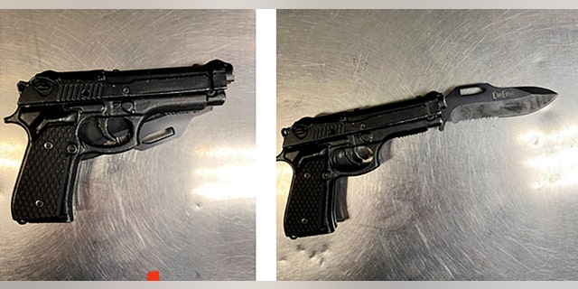 This photo combination provided by the Los Angeles Police Department shows the fake handgun with the real knife blade inside that was taken from the man who attacked comedian Dave Chappelle at the Hollywood Bowl.