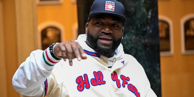 Baseball Hall of Famer David Ortiz speaks to reporters during a press conference following his orientation tour of the Baseball Hall of Fame & Museum on May 2, 2022, in Cooperstown, NY 