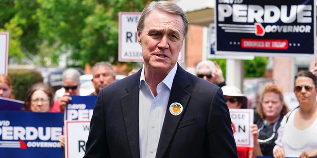 Republican candidate for Georgia governor and former U.S. Sen. David Perdue speaks Tuesday, May 3, 2022, in Rutledge, Ga.