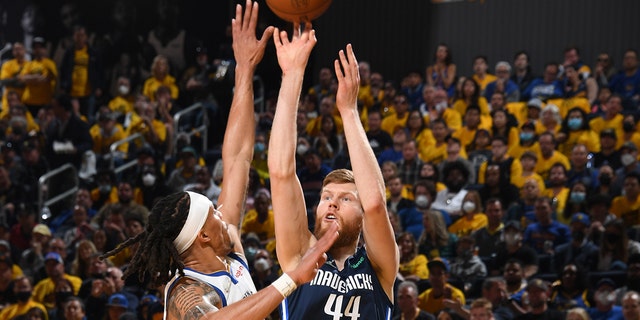 Davis Bertans #44 of the Dallas Mavericks shoots a three point basket against the Golden State Warriors during Game 2 of the 2022 NBA Playoffs Western Conference Finals on May 20, 2022 at Chase Center in San Francisco, California.