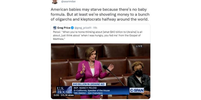 Co-founder of The Federalist Sean Davis criticized House Speaker Nancy Pelosi's support for a massive Ukrainian aid bill in a May 10, 2022 tweet. (Screenshot/Twitter)