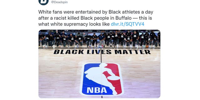 Left-wing sports news site Deadspin wrote in a May 16, 2022 tweet that White fans watching Black NBA players compete a day following the Buffalo shooting was what "white supremacy" looked like. (Screenshot/Twitter)