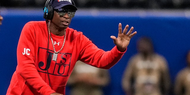 Jackson State Tigers head coach Deion Sanders reacts during the 2021 Celebration Bowl against the South Carolina State Bulldogs, Des. 18, 2021, in Atlanta.
