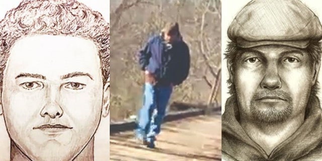 Zwei verschiedene zusammengesetzte Skizzen und ein körniges Bild des Mordverdächtigen.  