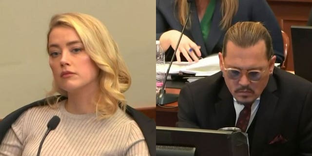 A photo combination of Johnny Depp and Amber Heard in court May 18, 2022.
