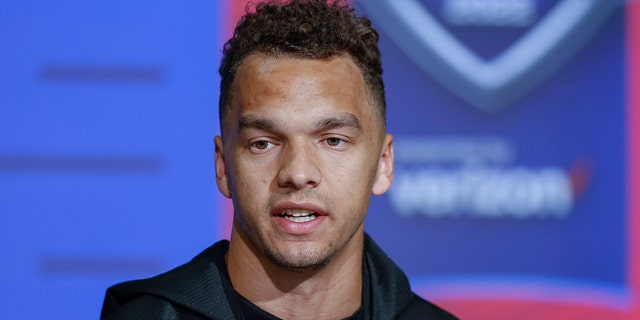 Desmond Ridder of the Cincinnati Bearcats speaks to reporters during the NFL Draft Combine at the Indiana Convention Center on March 2, 2022, in Indianapolis.