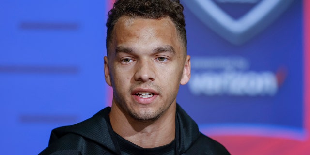 Desmond Ridder of the Cincinnati Bearcats speaks to reporters during the NFL Draft Combine at the Indiana Convention Center on March 2, 2022, in Indianapolis.