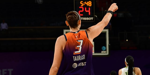 Diana Taurasi of the Mercury gestures during the Dallas Wings game on May 19, 2022, at Footprint Center in Phoenix, Arizona.
