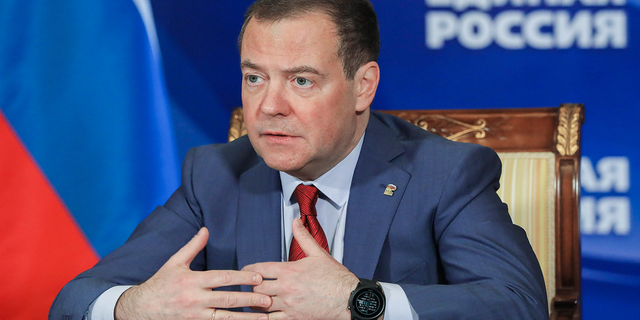 Russian Security Council Deputy Chairman and the head of the United Russia party Dmitry Medvedev chairs a meeting on saving businesses and jobs in foreign companies via video link at Gorki state residence, outside Moscow, Russia, on March 16.