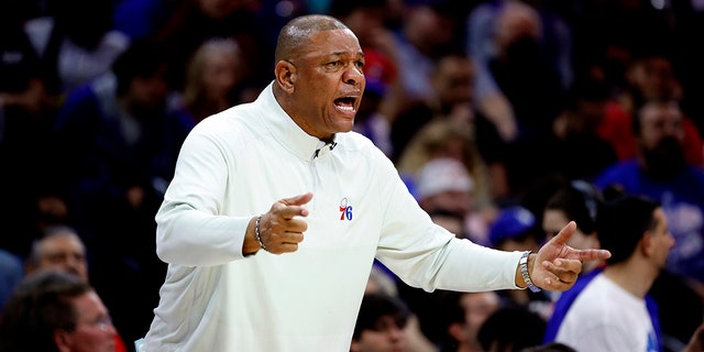 Head coach Doc Rivers of the Philadelphia 76ers during play against the Miami Heat in Game Six of the 2022 NBA Playoffs Eastern Conference Semifinals at Wells Fargo Center on May 12, 2022 in Philadelphia, Pennsylvania.