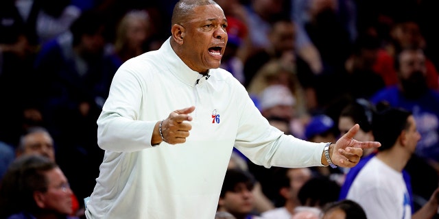 Head coach Doc Rivers of the Philadelphia 76ers during play against the Miami Heat in Game Six of the 2022 NBA Playoffs Eastern Conference Semifinals at Wells Fargo Center on May 12, 2022 in Philadelphia, Pennsylvania.
