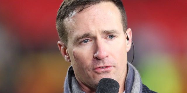 NBC Sports Drew Brees reports from the sidelines before an AFC wild card playoff game between the Pittsburgh Steelers and Kansas City Chiefs on Jan 16, 2022 at GEHA Field at Arrowhead Stadium in Kansas City, MO.