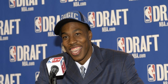 Dwight Howard of the Orlando Magic talks with the media after the 2004 NBA Draft at Madison Square Garden on June 24, 2004 In New York, New York.