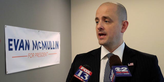 Third party candidate Evan McMullin, an independent, talks to the press as he campaigns in Salt Lake City, Utah, October 12, 2016. "I think that [Lee], like many other politicians in our country, have played politics with this obviously critical issue," McMullin said in an interview with Fox News. "And they do it because they think that if they divide Americans against each other, they can raise more money."