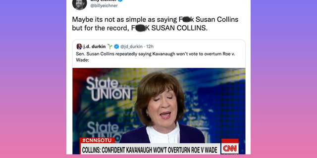 Billy Eichner berates Senator Susan Collins for her 2018 pro-Kavanaugh vote after seeing the SCOTUS opinion draft leak, which signaled the end of Roe v Wade. 