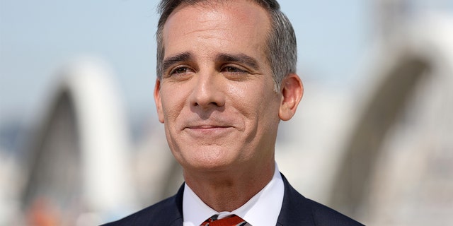 Los Angeles Mayor Eric Garcetti delivers State of the City Address from the under-construction Sixth Street Viaduct on Thursday, April 14, 2022, in Los Angeles. (Gary Coronado / Los Angeles Times via Getty Images)