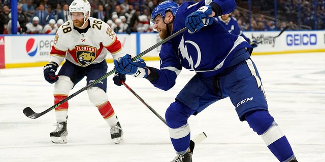Tampa Bay Lightning defender Eric Sernak (81) lost his shot to Florida Panthers goalkeeper Sergei Babrovsky for a goal during a 3-game playoff series in the second round of NHL Hockey on Sunday, May 22, 2022.  Looking for Panthers' Claude Giroux (26). 