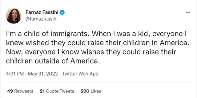 Farnaz Fassihi tweeted "I'm a child of immigrants. When I was a kid, everyone I knew wished they could raise their children in America. Now, everyone I know wishes they could raise their children outside of America."