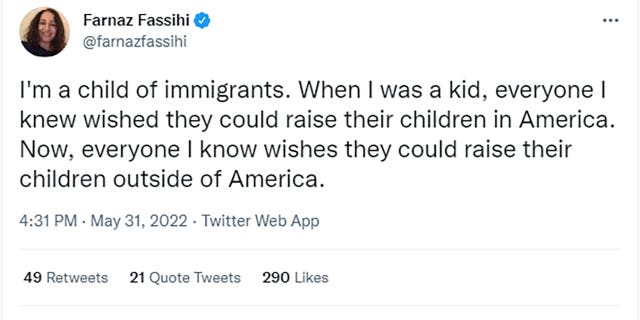 NYT reporter tweets everyone she knows wishes they could raise their kids outside of America 2 Farnaz Fassihi tweeted