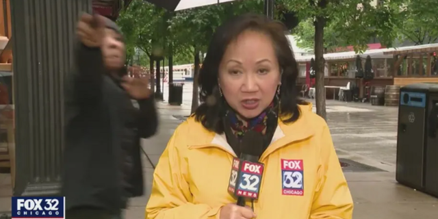 Chicago man points gun at news crew during live report.