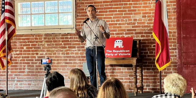 Texas Land Commissioner and Republican attorney general candidate George P. Bush campaigns in Victoria, Texas on May 18, 2022