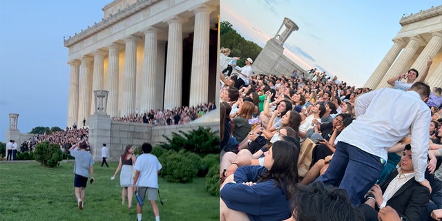 Hundreds of Georgetown University seniors gathered at the Lincoln Memorial to watch the sunrise Saturday, May 21, 2022.