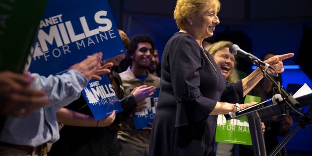 Democratic Maine Gov. Janet Mills gives her victory speech in Portland on Nov. 6, 2018.