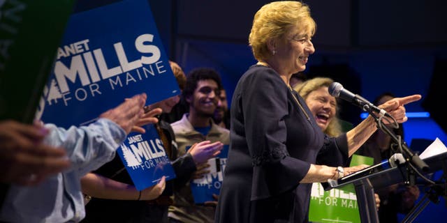 Democratic Maine Gov. Janet Mills gives her victory speech in Portland on Nov. 6, 2018.