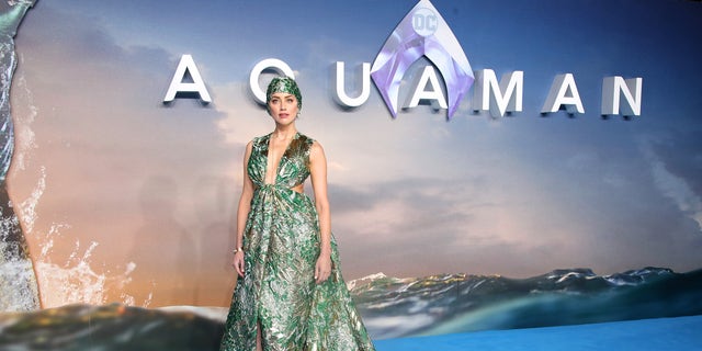 Amber Heard attends the World Premiere of "Aquaman" at Cineworld Leicester Square in November 2018 in London, England. She plays the role as "Mera" in the original movie and its sequel.