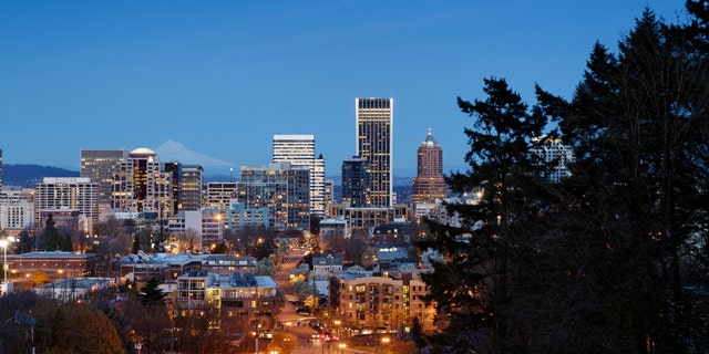 Dusk shot of Portland, Oregon skyline.