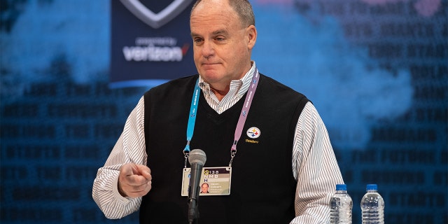 Pittsburgh Steelers general manager Kevin Colbert answers questions from the media during the NFL Scouting Combine on February 27, 2019 at the Indiana Convention Center in Indianapolis, IN.
